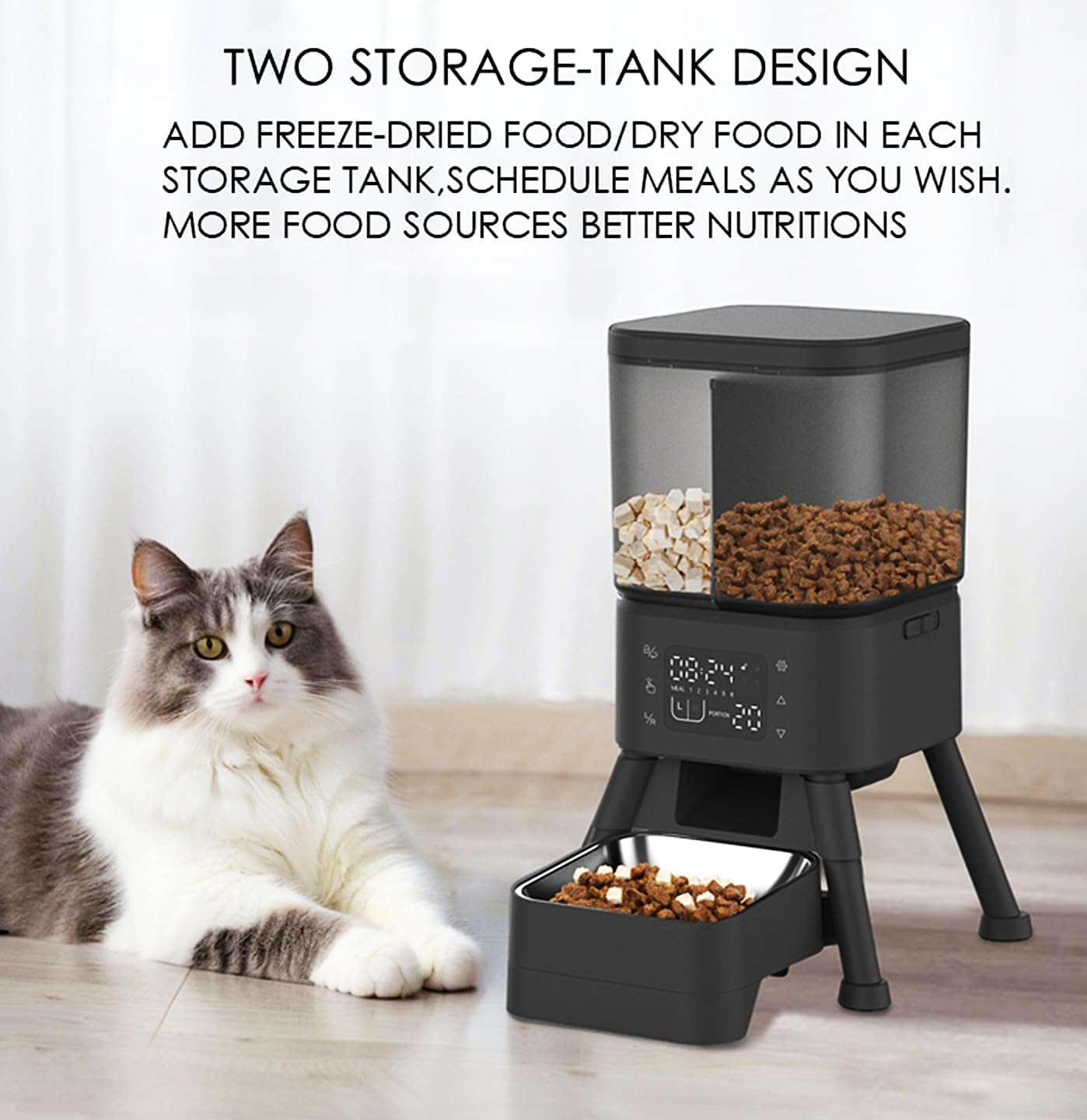 GROOVYPETS Automatic Pet Feeder showing its two storage tank design.