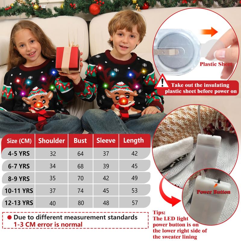 Kouric Jersey Navideño Niño con Luces,Jersey Navidad Niño/Niña con Estampado de Reno en la Nieve,Ugly Christmas Sweater,Jerseys Navideños con Luces,Suéter Navideño Gracioso,Christmas Jumper