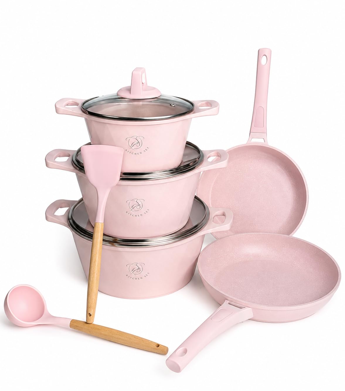 Batería de Cocina 11 Piezas Antiadherente Rosa | Juego de Ollas y Sartenes con Tapas de Vidrio | Compatible con Inducción, Gas y Vitrocerámica | Sin PFOA | Fácil Limpieza