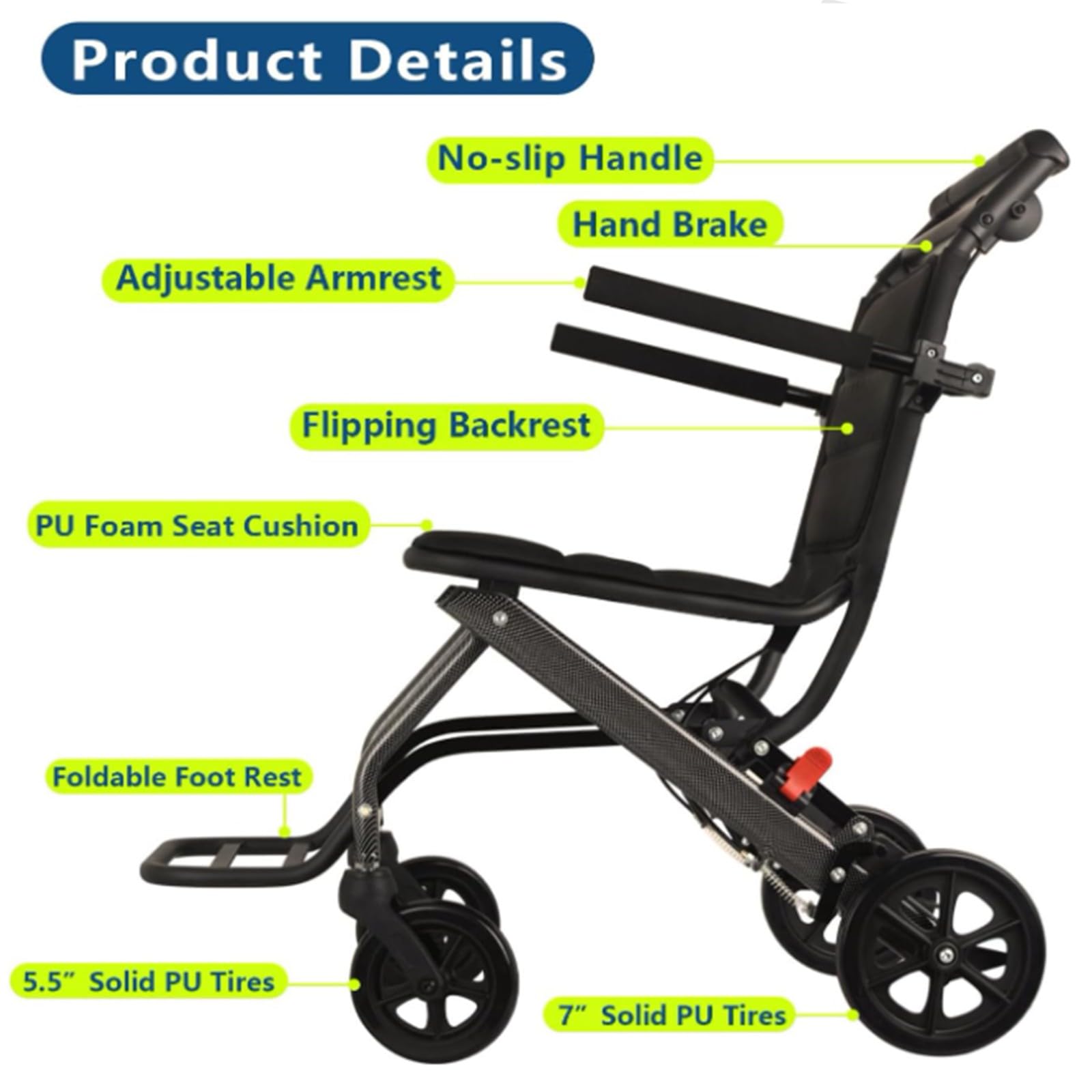 Sedia A Rotelle Ultra Leggera, Portatile, Pieghevole, Pesa Solo 7 kg, Sedia A Rotelle Leggera da Viaggio, Supporto 100 kg, Sedia A Rotelle in Alluminio per Adulti E Anziani