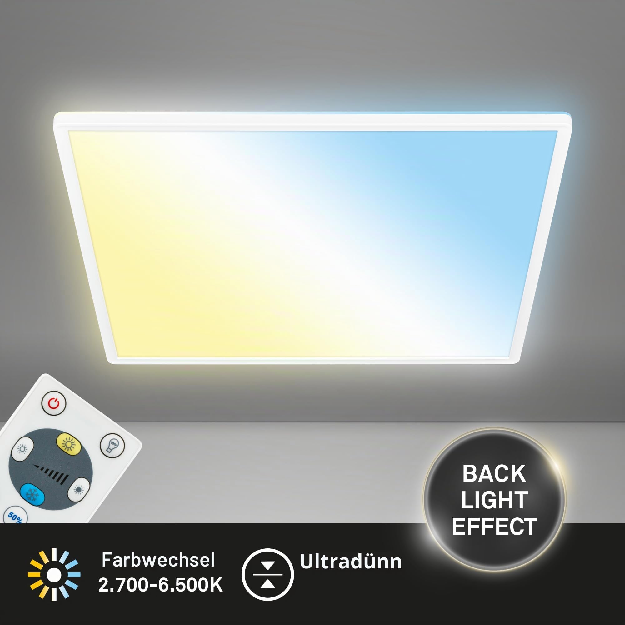 BRILONER - LED Deckenlampe flach mit Fernbedienung, warmweiß bis kaltweiß, dimmbar, Lampe, Deckenleuchte, Wohnzimmerlampe, LED Panel, Schlafzimmerlampe, 56 x 56 x 3 cm (LxBxH), Weiß