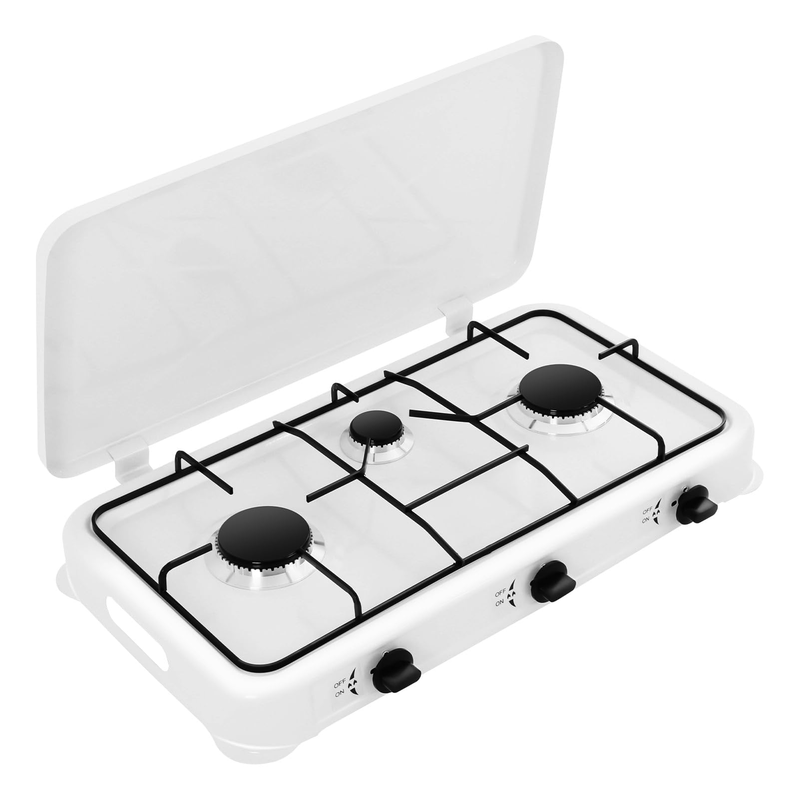 3 Burner Propane Gas Cooktop with Wind Blocking Cover and Auto Ignition Gas Stove LPG for RV, Camping, Apartment, Outdoor Cooking, Enamel Surface, Cast Aluminum, Safety Valve