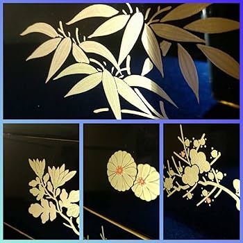 輪島塗 四君子 金蒔絵 二段重 重台 二枚蓋 黒塗 朱塗 木箱 木製 MA90 輪島塗 四君子 金蒔絵 二段重 重台 二枚蓋 黒塗 朱塗