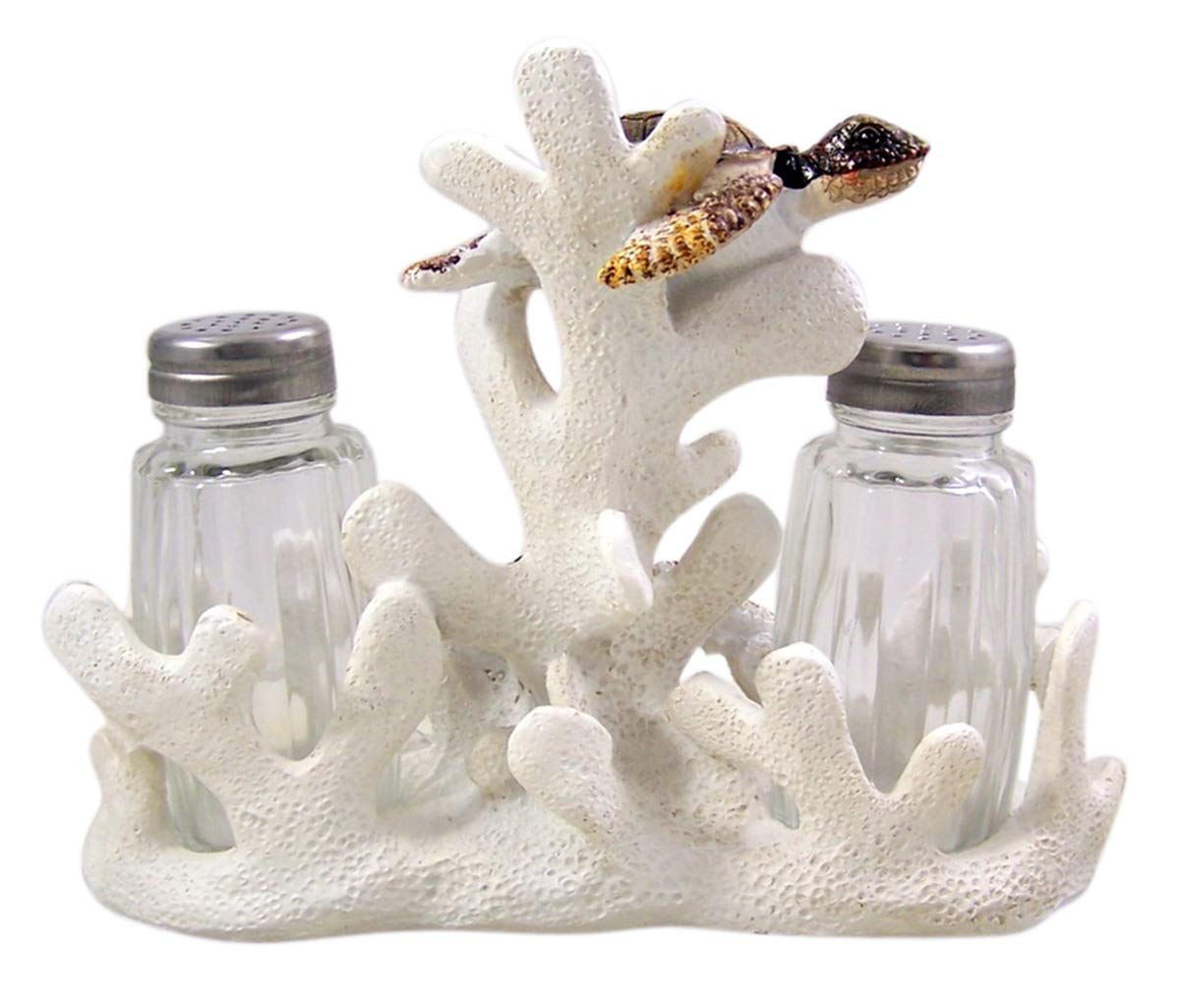 Tortuga de mar de resina fundida con soporte para salero y pimentero de coral con dos agitadores, 6 1/4 pulgadas