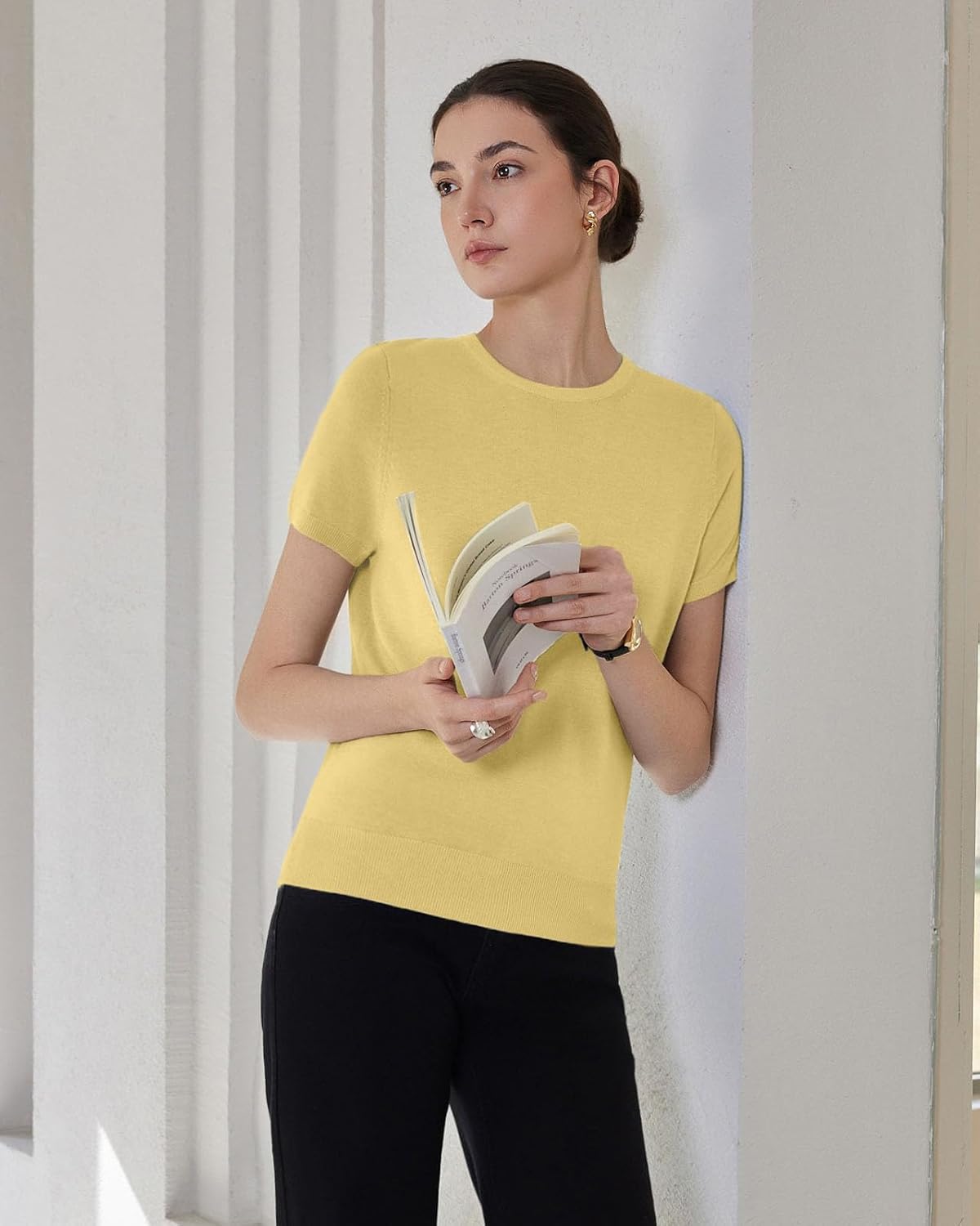 SUUKSESS Women Silk Cashmere Blend Crew Neck Short Sleeve Sweaters Casual Blouse