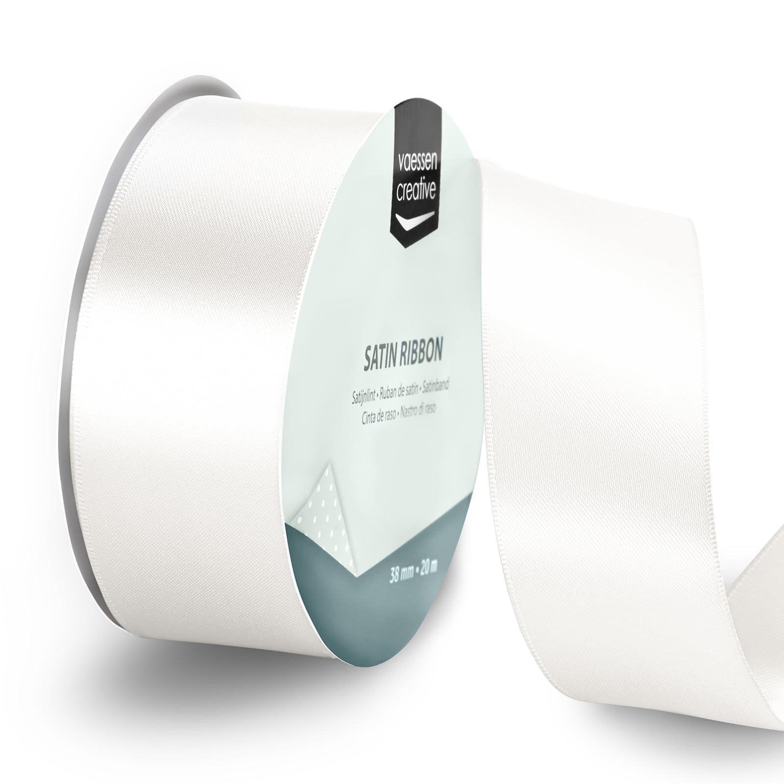 Vaessen Creative Satin Ribbon White - 65.6 ft x 1.5" - Thin Ribbon for Gift Wrapping and Crafting, 20m x 38mm
