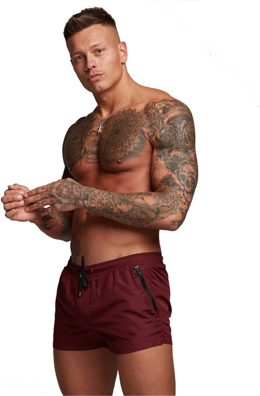 Mens Swimwear Sports Shorts Swim Trunks with Zipper Pockets