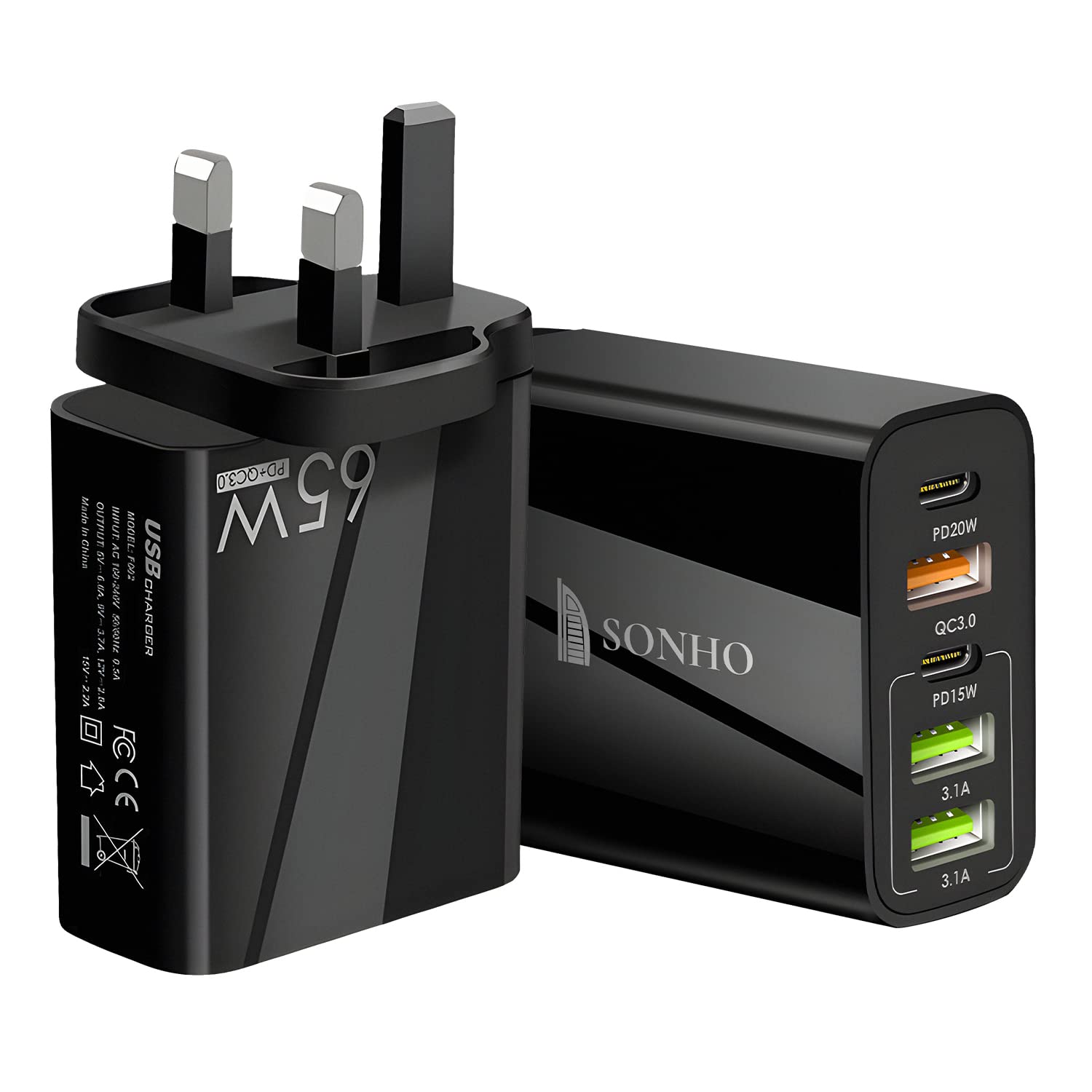 SONHO 3USB + 2PD (15W & 20W) QC3.0 3.1A Charger, 65W UK Plug Type, 5-Port Desktop USB Charger, Portable Multiport PD Fast Charger - Black