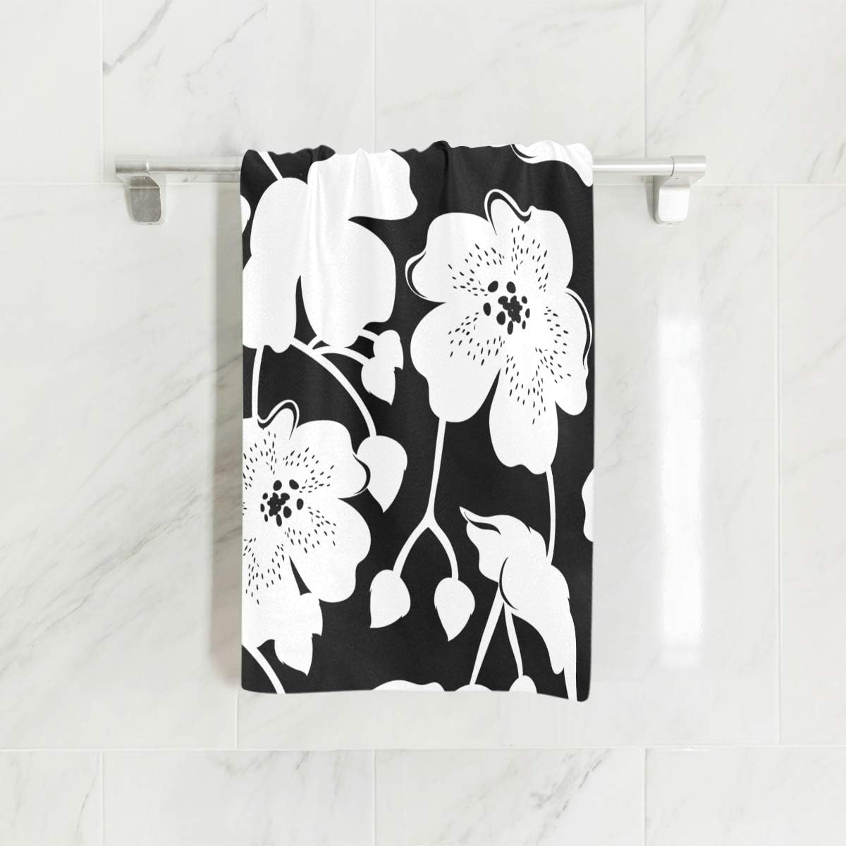 senya Black White Flower Hand Towel Ultra Soft Luxury Towels for Bathroom 30"x15" - Image 2