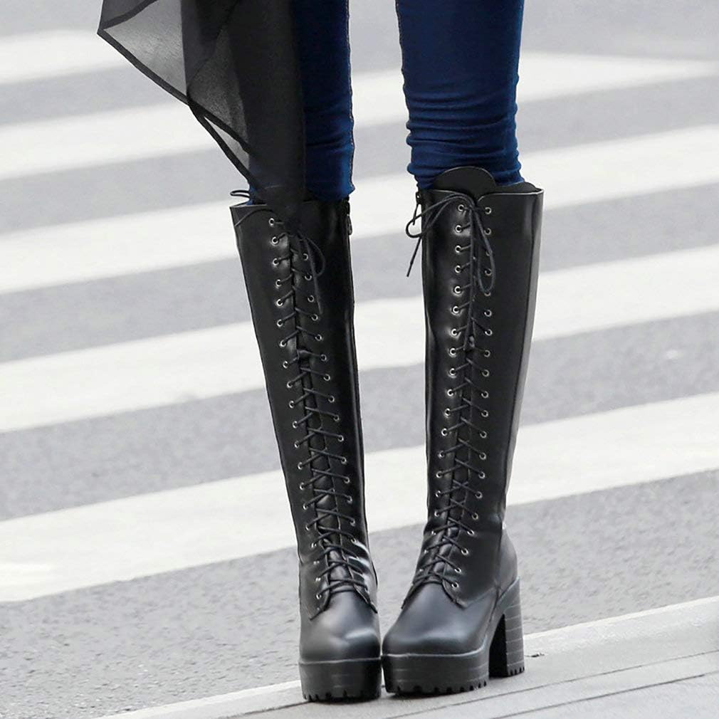 Miniatura 4 de Parisuit - Botas góticas de tacón alto con cordones para mujer, botas de combate con cremallera lateral