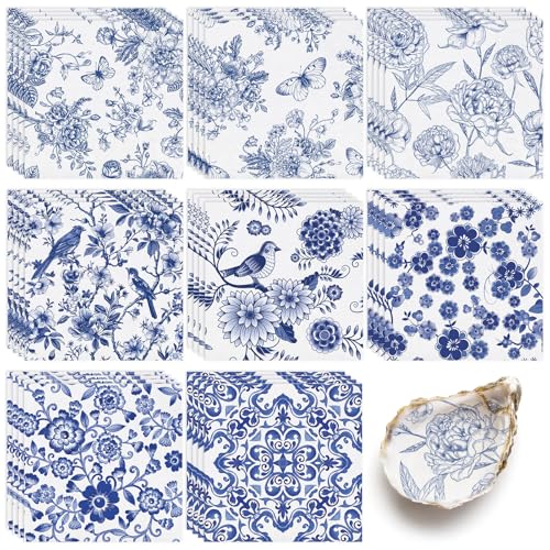 32 Pcs 8 Styles Decoupage Napkins Blue and White Floral Paper Napkins Chinoiserie Decorative Cocktail Napkin Pretty Printed Cocktail Paper for DIY Crafting Furniture Decor Birthday Party Baby Shower