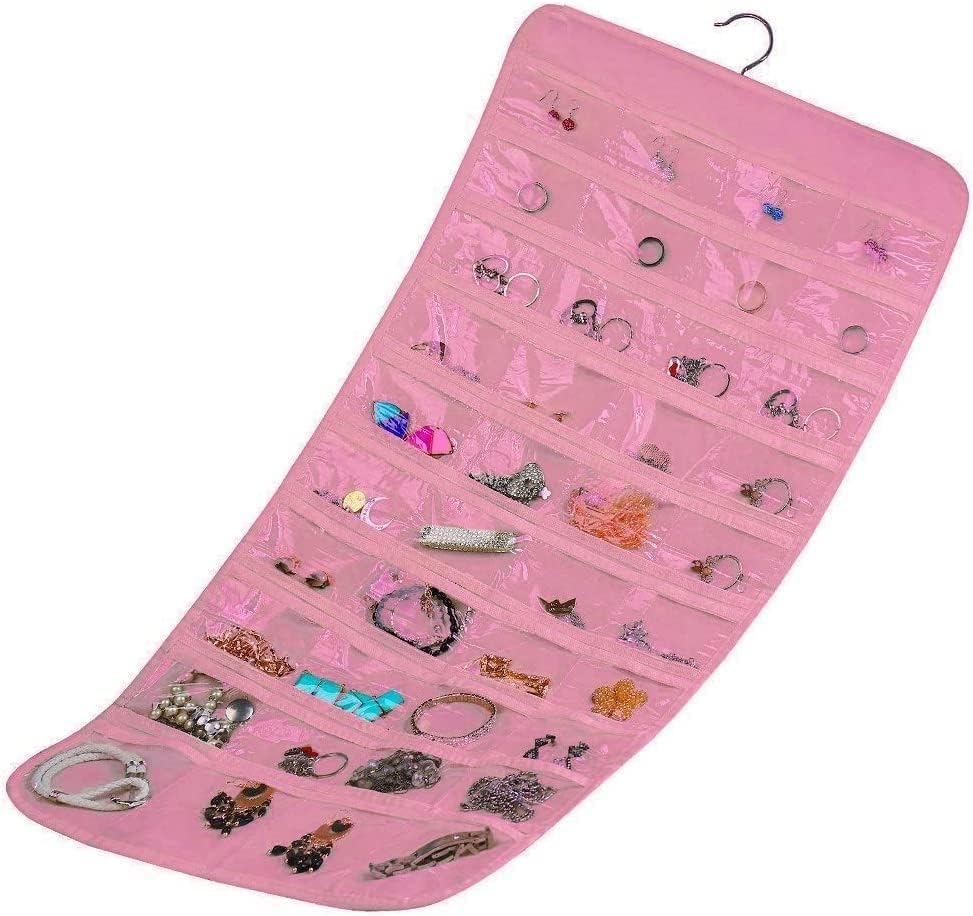 Image of Earring Organizer for Women | Hanging Jewellery Organiser with 48 Double-Sided Transparent Pockets | Earrings Holder, Necklace, Bangle Organizer | Jewelry Storage Organizer for Wardrobe Closet (Pink)