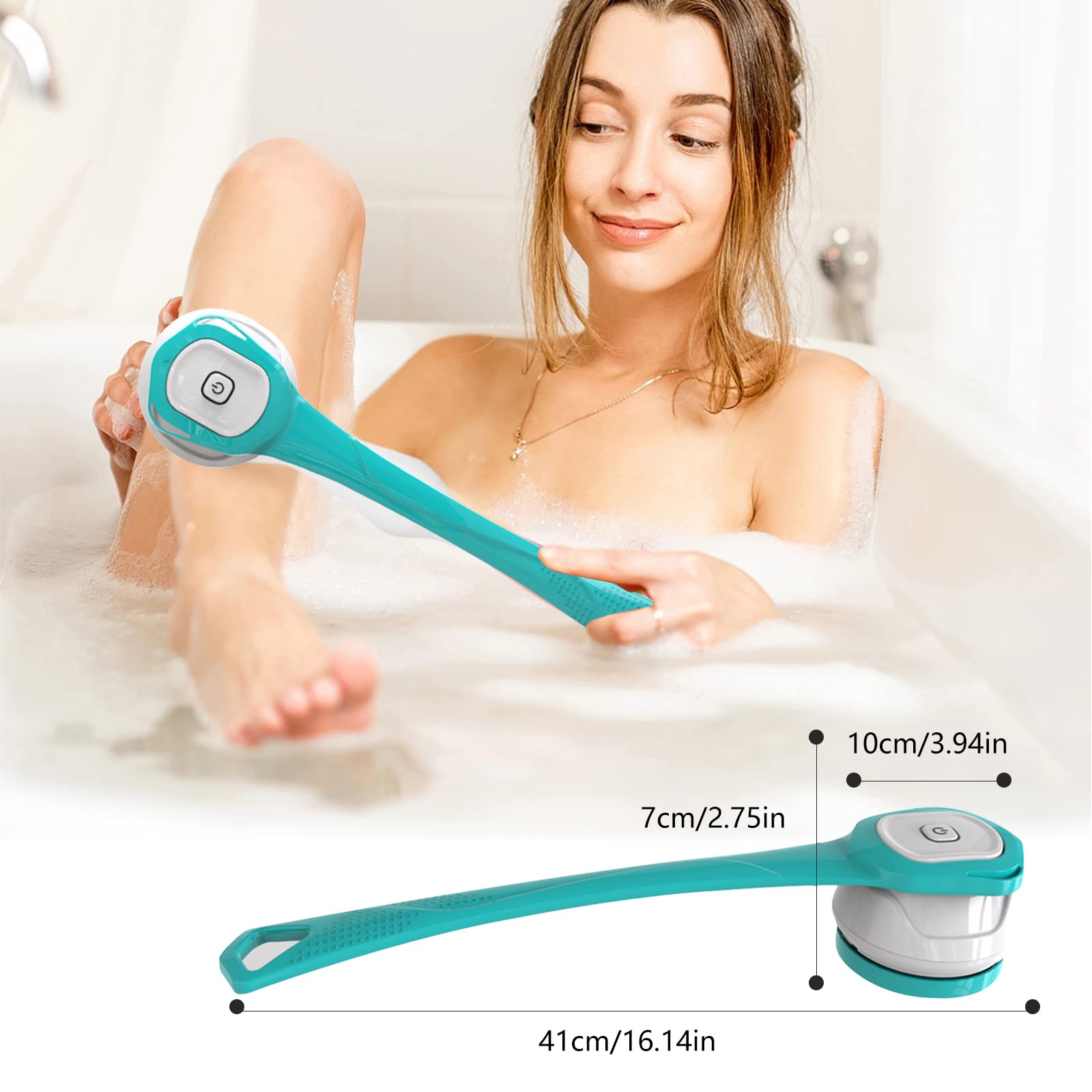 Elektrische Duschbürste,Körperbürste Elektrische Rückenbürste mit Langer Griff,Rückenbürste Dusche Massagebürste mit 6 Reinigungsköpfen,Badebürste für Spa Dusche Peeling Massagebürste (Blau)