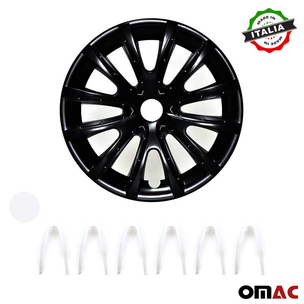 OMAC Lot de 4 enjoliveurs 14" compatibles avec voiture ABS | Enjoliveurs pour jantes en acier | 1 jeu (4 pièces) noir/blanc avant et arrière