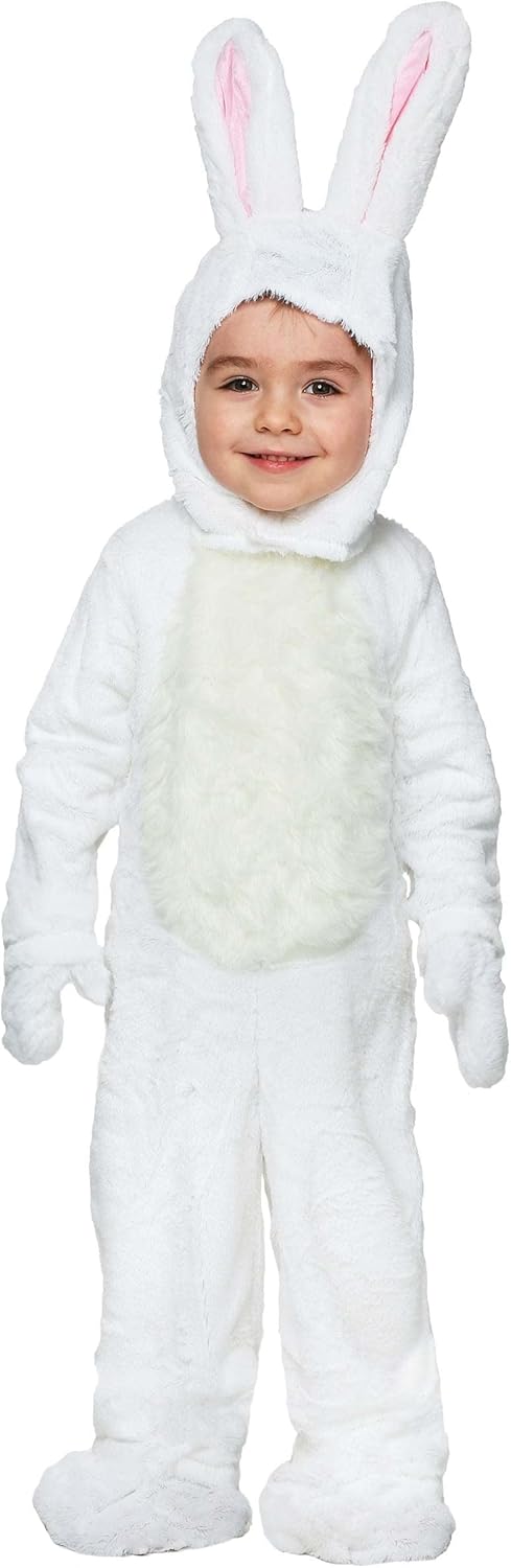White Open Faced Bunny Costume for Toddler, Fluffy Bunny Jumpsuit with Hood, Pair Of Mitts, And Pair Of Shoe Covers