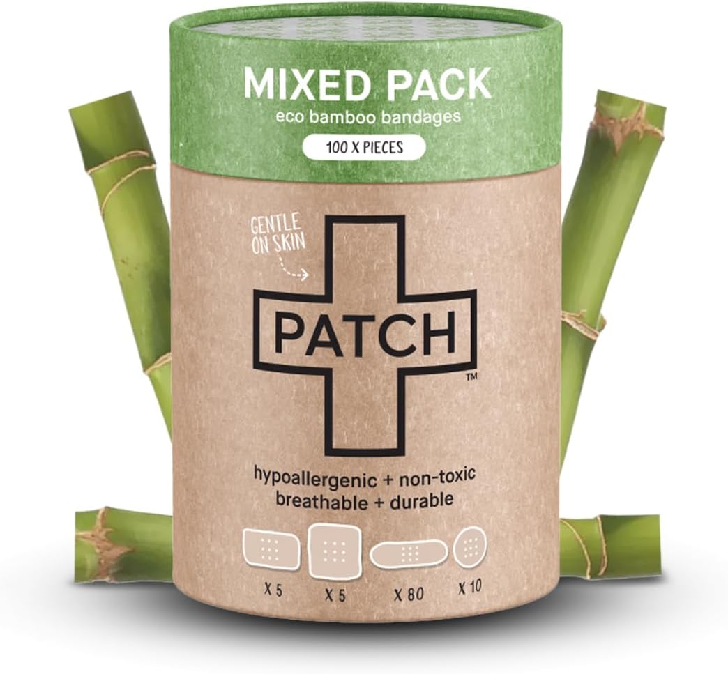 PATCH 100 Piece Value Pack Mixed Sizes - Eco-Friendly Bamboo Bandages for Cuts & Scratches, Hypoallergenic Wound Care for Sensitive Skin, Compostable & Biodegradable, Latex Free, Plastic Free