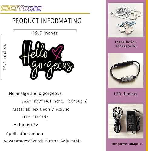 Miniatura 6 de Letreros de neón LED grandes para Hello Gorgeous, 19.7 pulgadas, letrero de neón rosa claro para boda, dormitorio, fiesta de cumpleaños, hogar, bar,