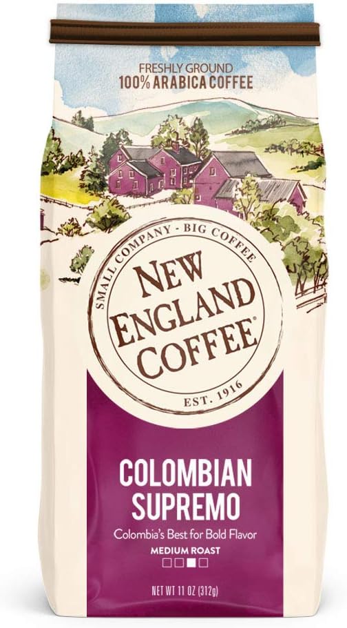New England Coffee Colombian Supremo, Medium Roast Ground Coffee, 11 Ounce (1 Count) Bag