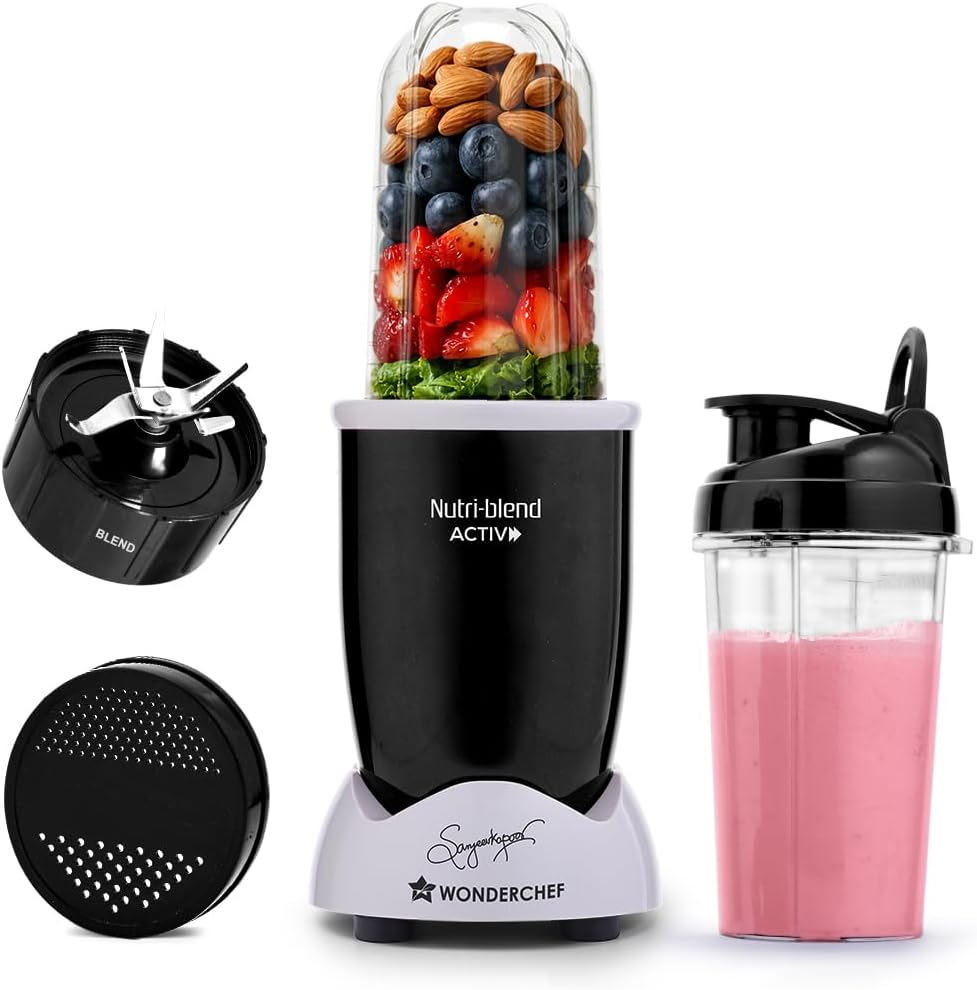 Wonderchef Nutri-blend Activ Mixer Grinder Blender, Smoothie Maker, 500W 22000 RPM 100% Full Copper Motor, 2 Unbreakable Jars, SS Blades, 2 Year Warranty, Recipe book by Chef Sanjeev Kapoor, Black