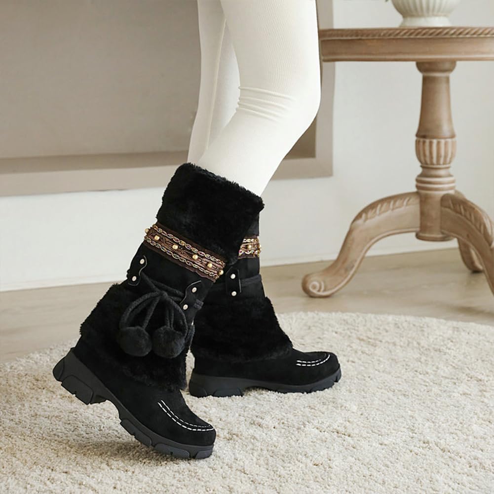 Mid Calf Boots for Women Winter Warm Comfy Side Zipper Suede Snow Boots Fashion Round Toe Low Heel Knee High Fur Boots