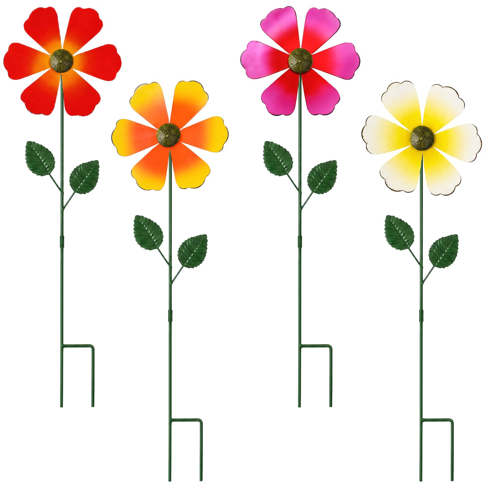 Lot de 4 Moulin à Vent Jardin Extérieur en Métal, Éolienne de Jardin Décorative en Forme de Fleur Multicolore, Épouvantail à Jardin Anti-Oiseaux pour Cour, Pelouse et Terrasse