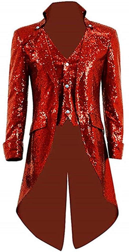 Botong Men's Red Sequins Tailcoat Jacket Single Breasted Gothic Blazer Tuxedo Coat Halloween Costume 52 Chest / 46 Waist