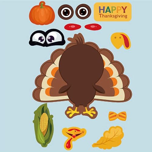 Miniatura 6 de Calcomanías de pavo de Acción de Gracias para niños, haz un pavo para juegos de fiesta de Acción de Gracias, calcomanías de cara de pavo para