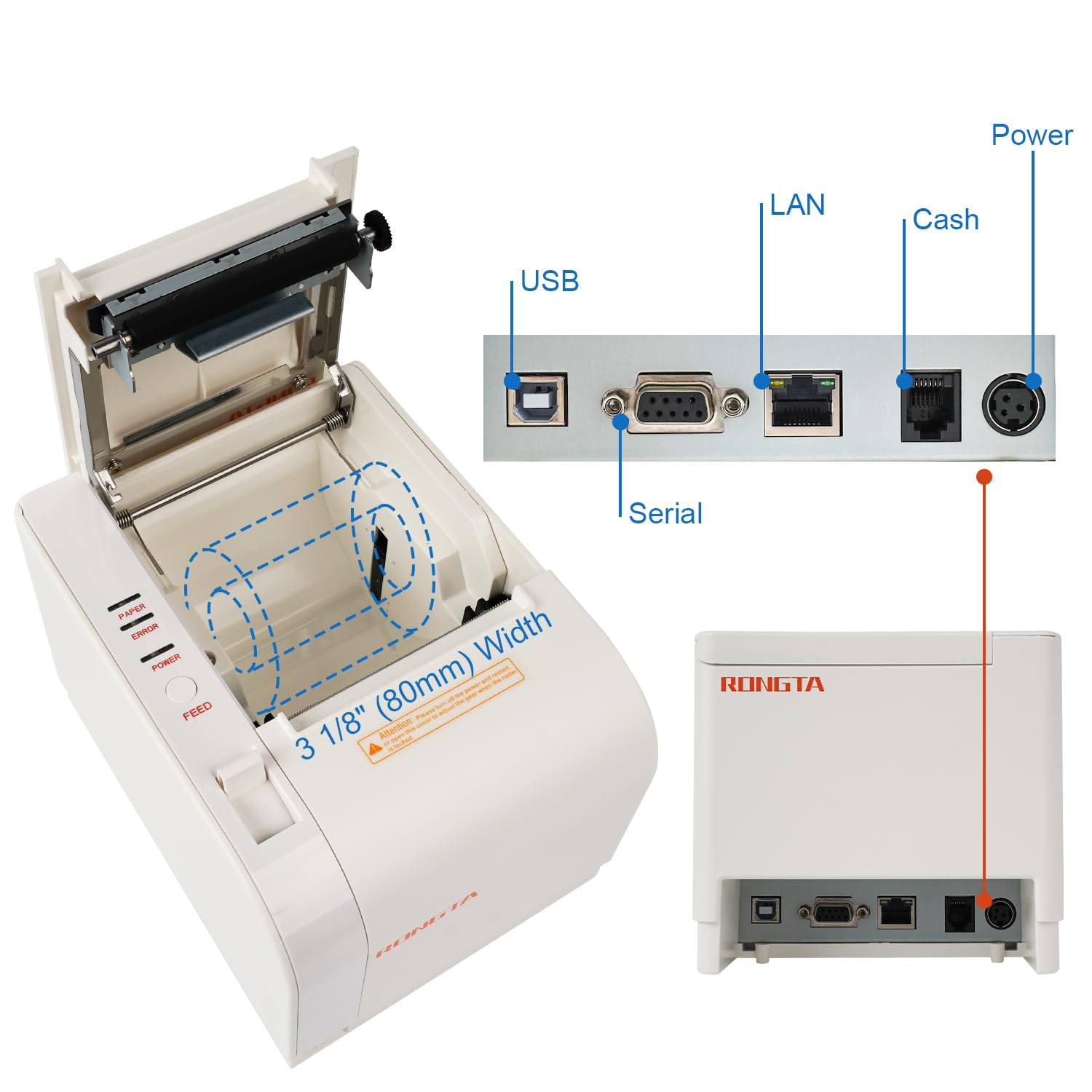 Rongta Impresora térmica de recibos, impresoras de recibos de 80 mm, impresora térmica de posición con cortador automático, soporte de efectivo USB Serial Ethernet ESC/POS, compatible con