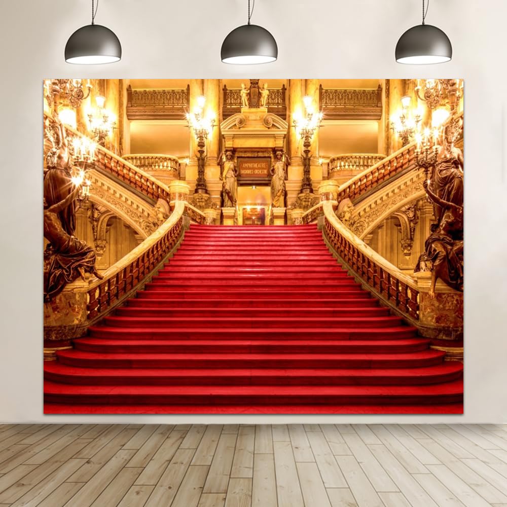 Golden Palace Fondale 3 x 2,4 m Tappeto Rosso Castello Elegante Fondale per Fotografia di Lusso Night Stage Prom Tappeto Rosso Scale Matrimonio Compleanno Cerimonia Festa Sfondo Photo Booth