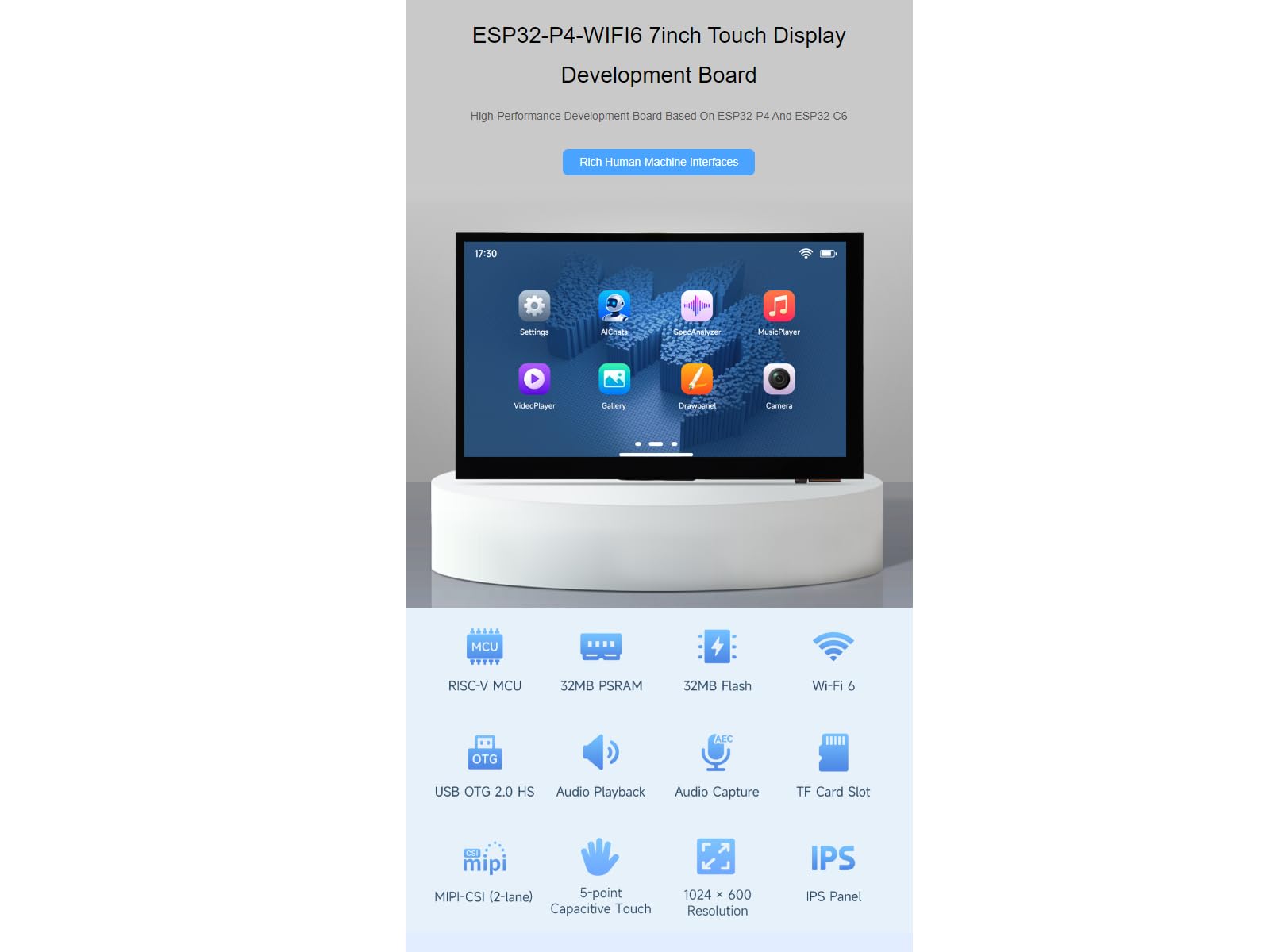 ESP32-P4-WIFI6 7inch 5-Point Touch Display Development Board 1024 × 600 Resolution IPS Display Capacitive Touch Screen,Onboard ESP32-C6-MINI Module, Supports AI Speech Interaction