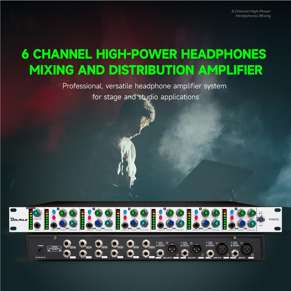 Bolanle PH6000 - Amplificatore di distribuzione e miscelazione cuffie ad alta potenza a 6 canali, jack da 3,5 mm e 6,35 mm