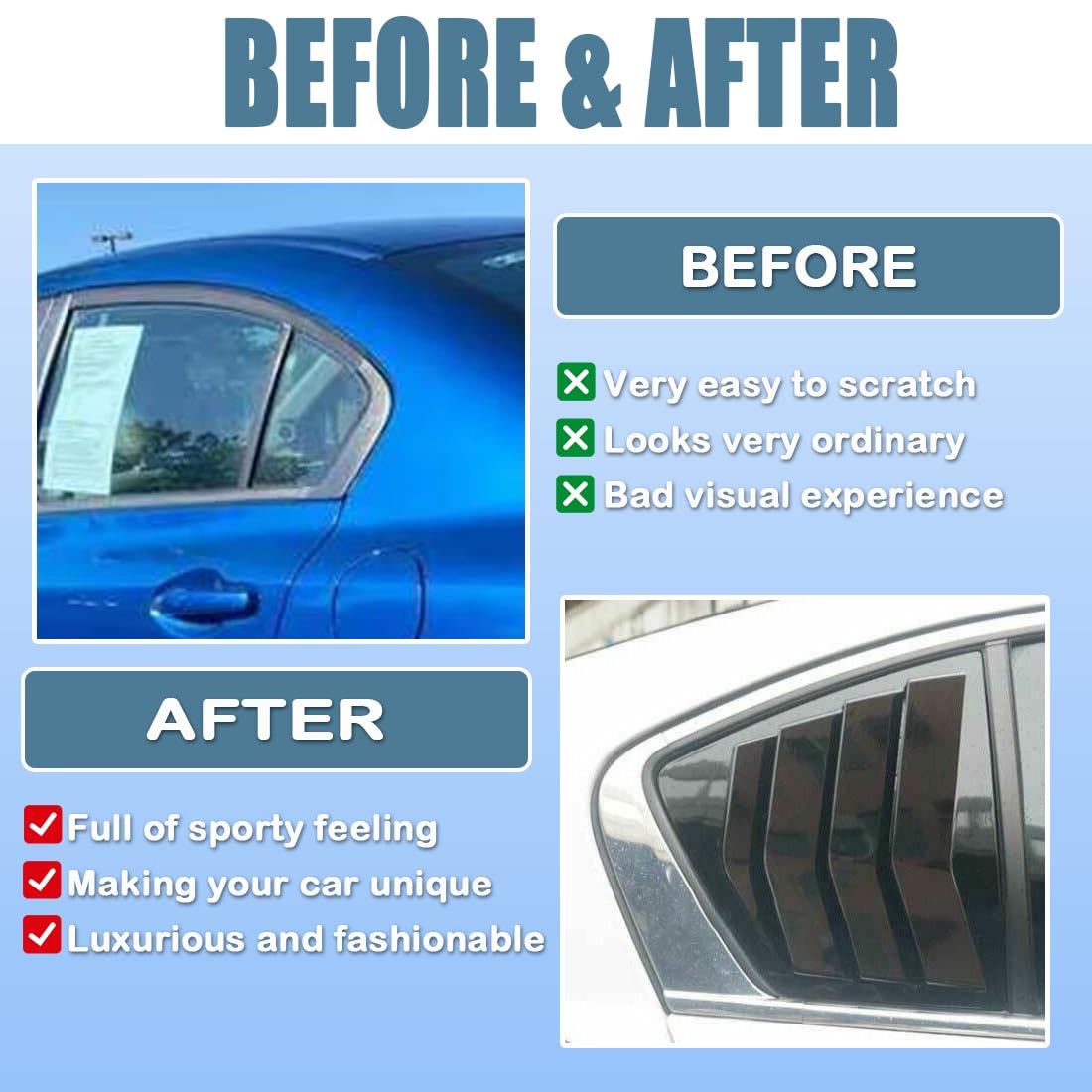 XITER 2PCS ABS Carbon Fibre Racing Style ABS Rear Side Window Louvers Air Vent Scoop Shades Cover Blinds for Honda Civic 9th Sedan 2012-2015 (Glossy black)