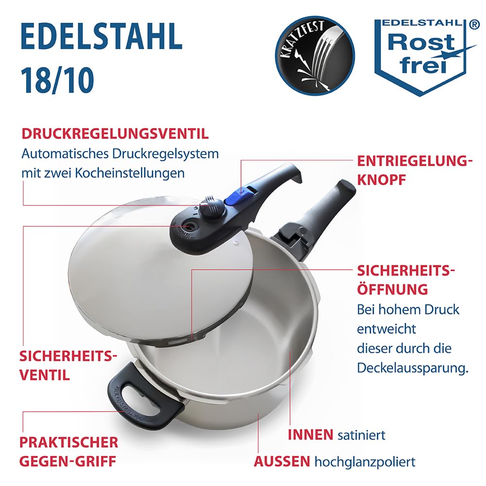 ELO Schnellkochtopf Praktika XS 18 cm, aus Edelstahl 18/10, automatisches Druckregelsystem, schonendes Garen, starker ELO-Therm Speicherboden, mit Sicherheitsmechanismus, Schnellkochtopf Induktion | automatisches Druckregelsystem, schonendes Garen, starke
