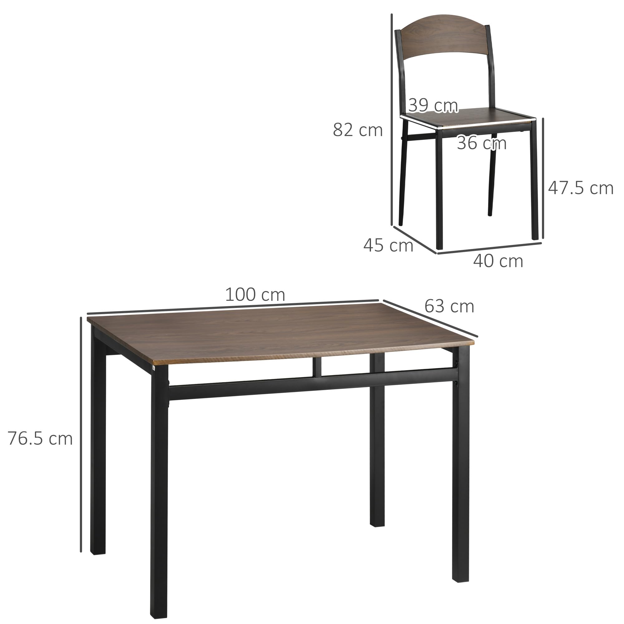 HOMCOM Set da Pranzo da 5 Pezzi con 1 Tavolo Rettangolare e 4 Sedie, in Acciaio e MDF, Nero e Marrone