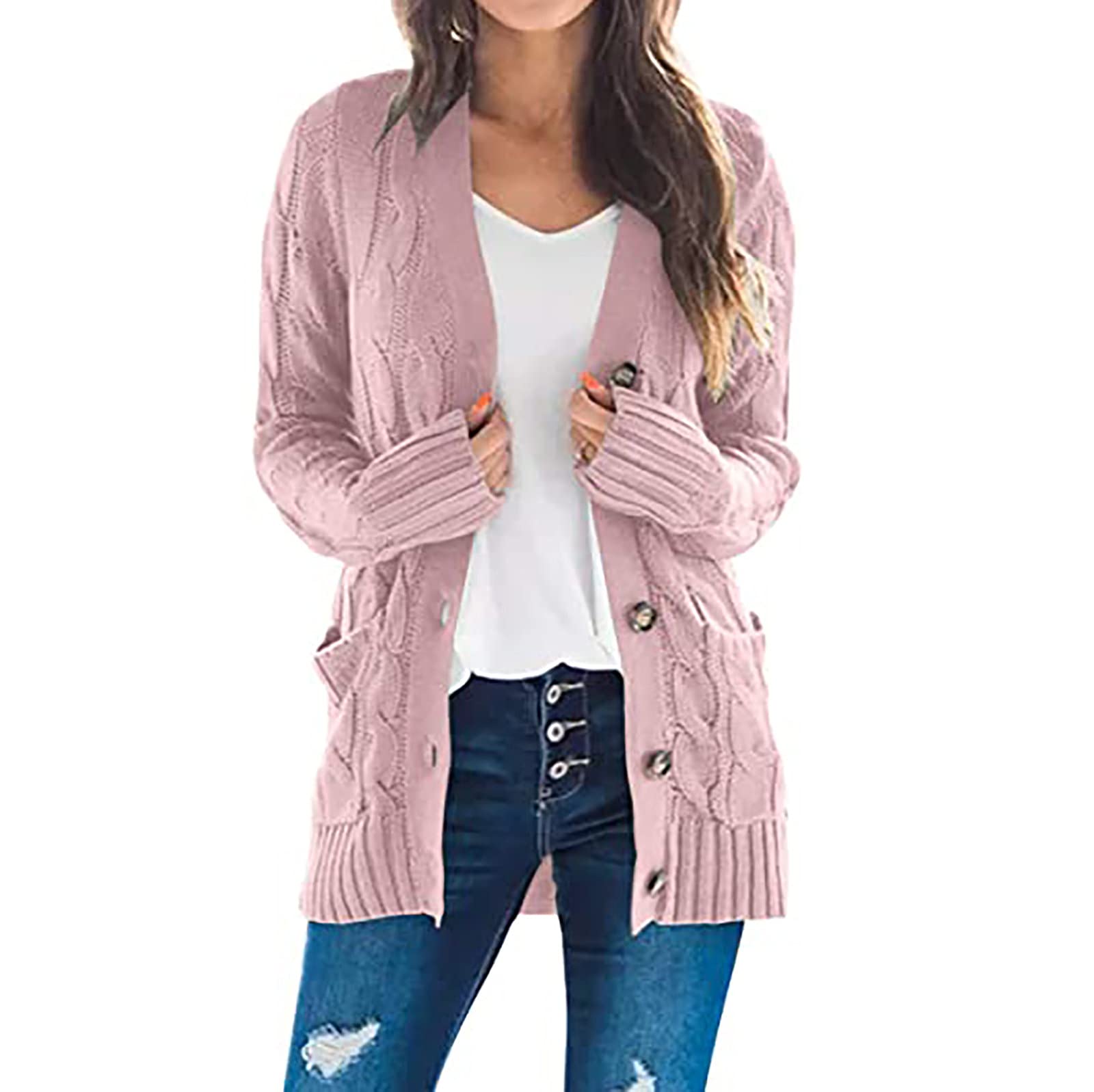 Open Front Cardigan for Women Fall Chunky Cable Knit Fall Sweater Coats Casual Long Sleeve Button Outerwear