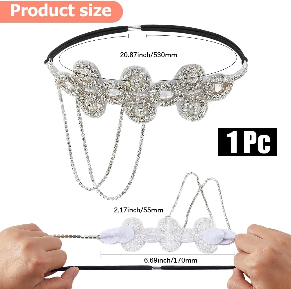 1Pc Silver Flapper Headband 1920s Crystal Great Gatsby Headpiece Rhinestone Pearl Flower Tassel Chain Vintage Hair Accessories for Women Evening Dresses Bridal Wedding Party Accessories - Image 2