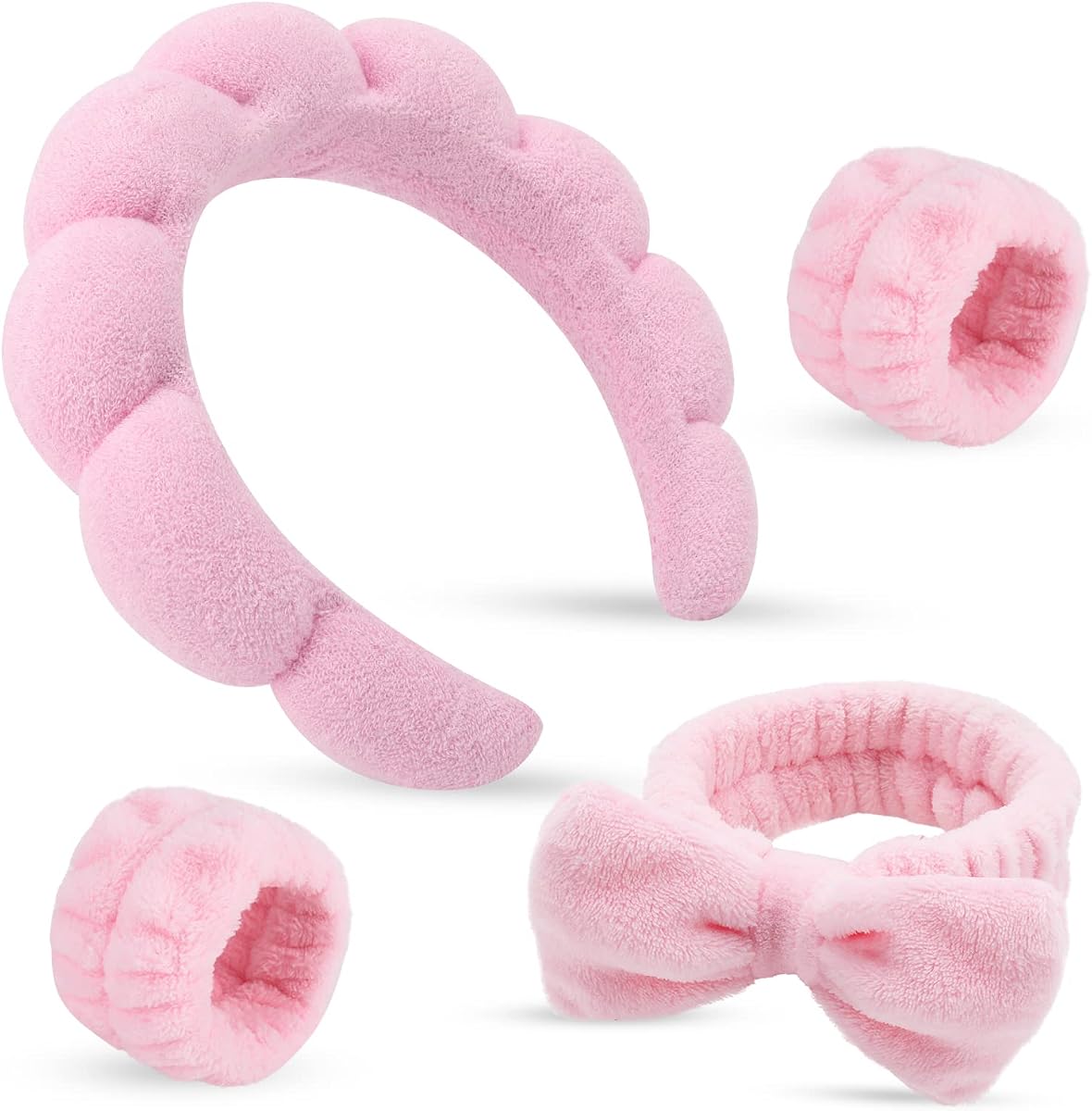 Makeup Headband for Washing Face Wristband Set, Pink | Soft absorbent fabric, snug head-hugging fit for face washing, skincare, makeup, masks, travel, women and teen girls