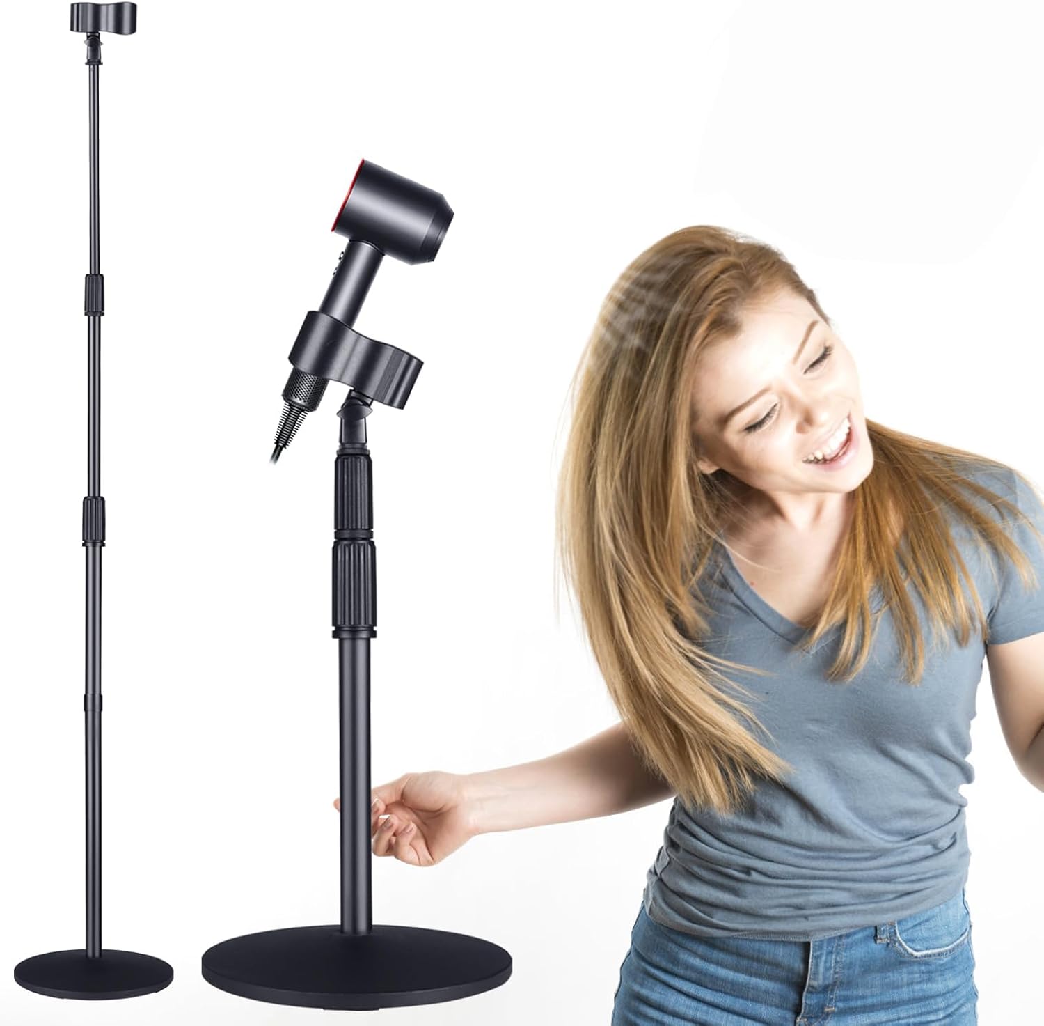 Hands-Free Rotatable Hair Dryer Stand with Adjustable Height and Heavy Base for Salon and Home Use - Ideal for Women and Pets