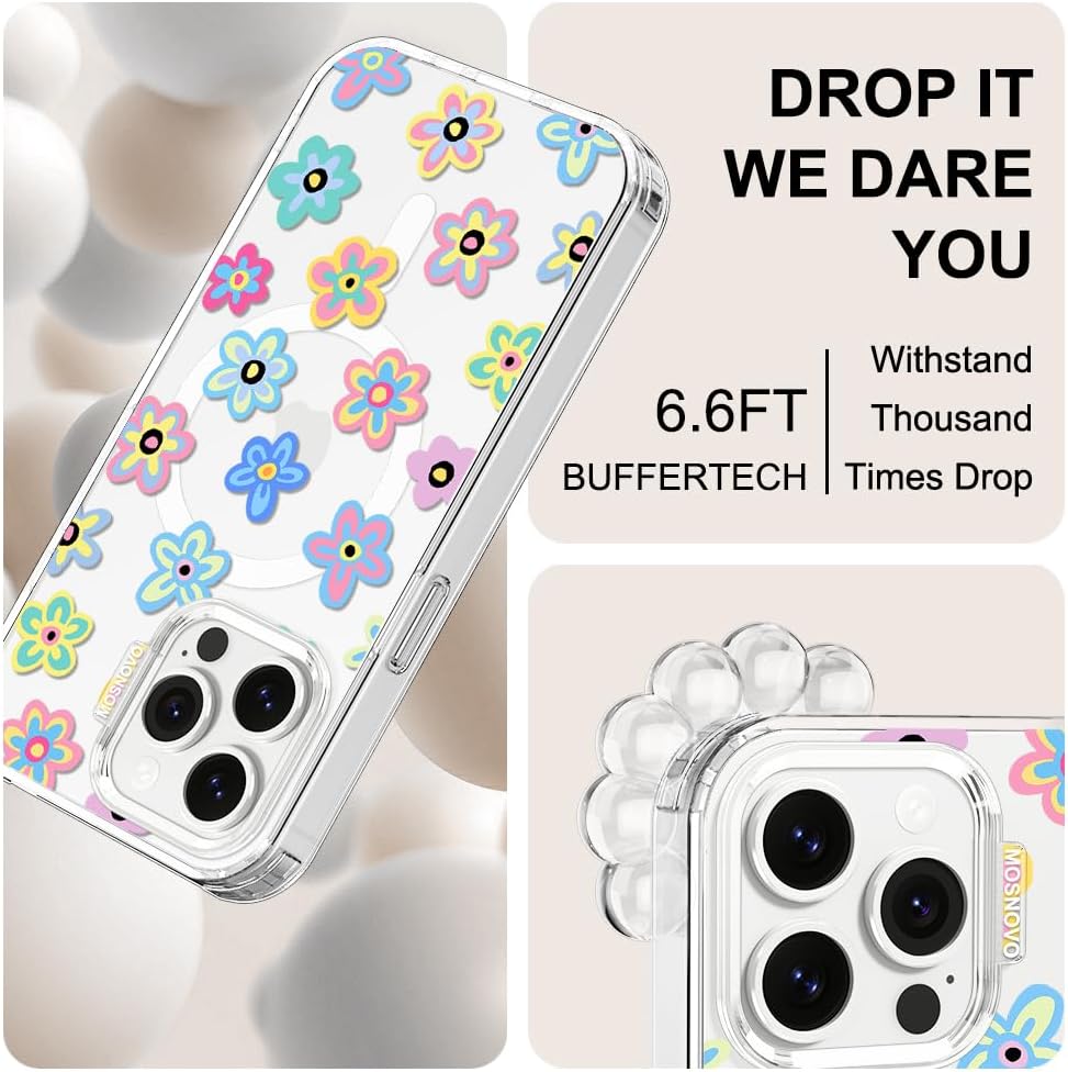 MOSNOVO Case for iPhone 14 Pro Max, [Compatible with Magsafe] [Buffertech 6.6ft Military-Grade Drop Protection] [Anti Peel Off Tech] Clear Phone Case Design - Groovy Flower - Image 5