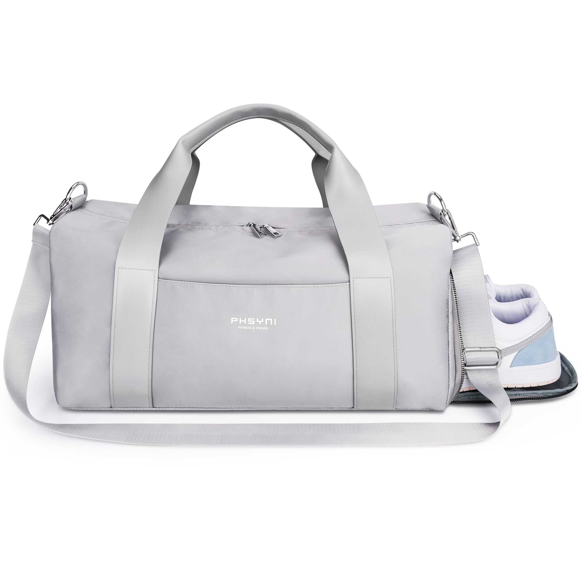 Gym Bag for Women,Pu Leather Handle,Dry Wet Separated with Shoe Compartment & Wet Pocket,Waterproof Duffle Bag for Travel Sports Fitness Workout Athletic (Grey,19"-Medium)