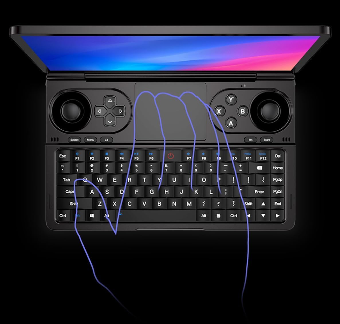 Minn fuq għal isfel view of the GPD WIN Mini's keyboard and touchpad, with an overlay indicating finger placement for typing.