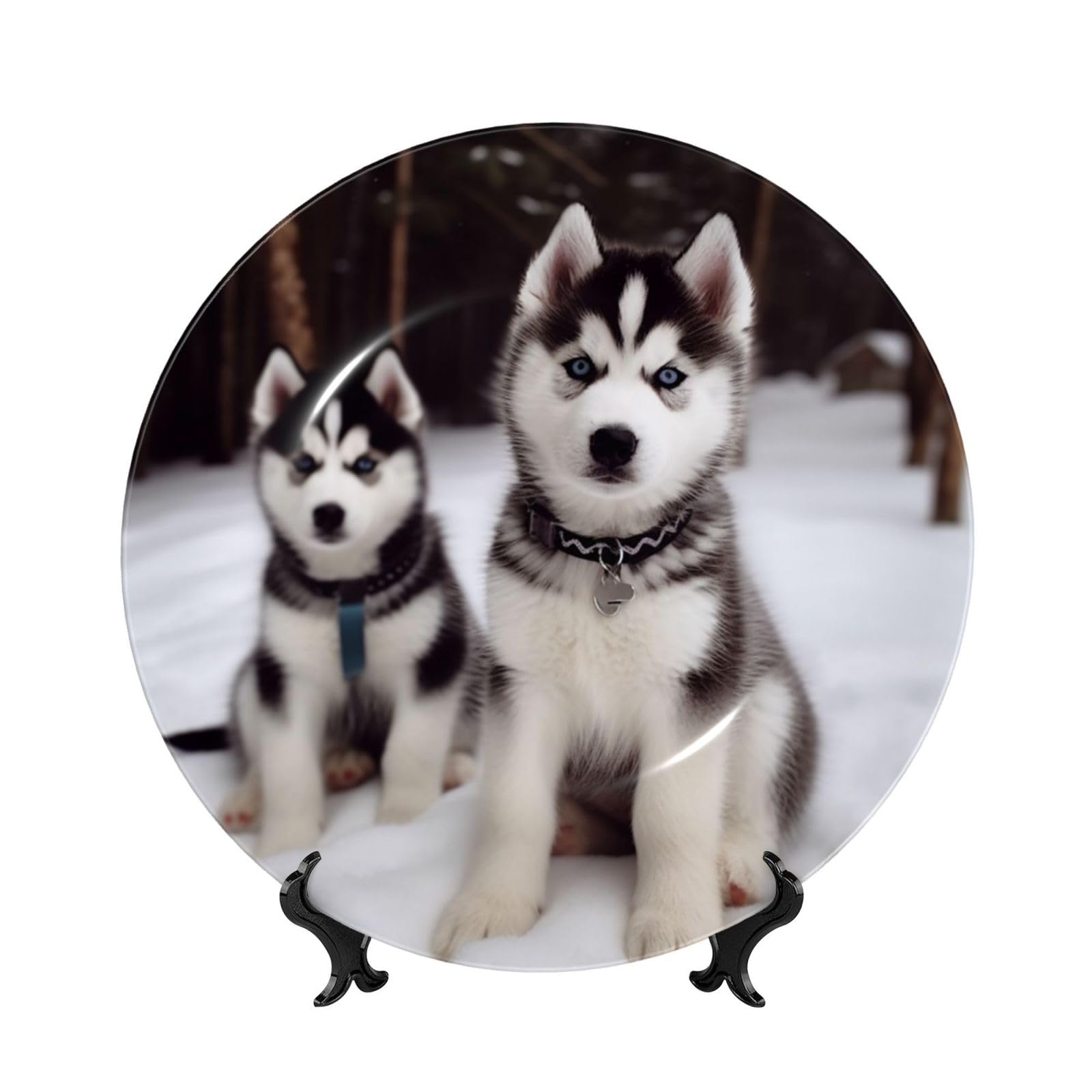 Assiette décorative Huskies en porcelaine 15cm avec support pour maison