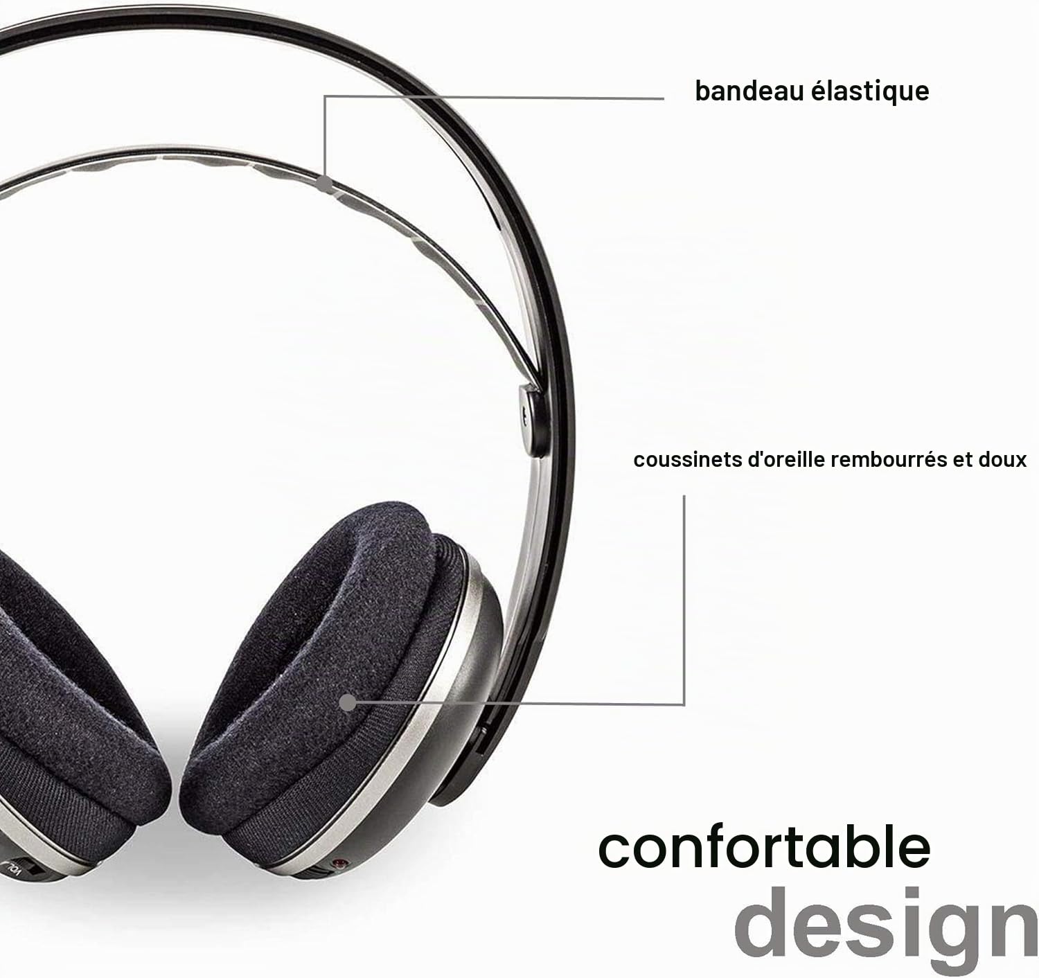 Casque TV sans Fil - RF - Tour d'oreille - Durée de Lecture maximale de Batterie: 11 Heures - 100 m - Audio numérique - Station de Charge - Argent/Noir