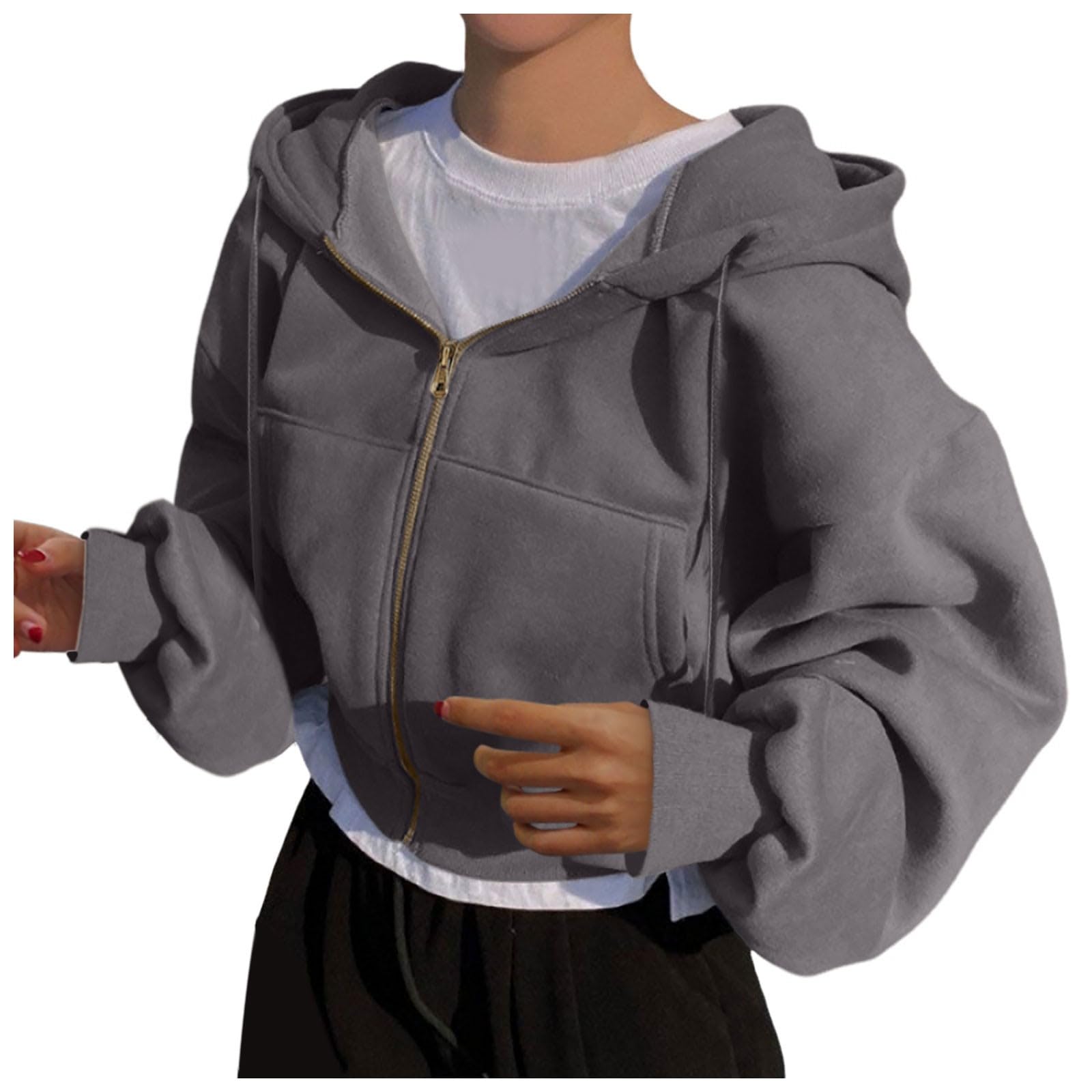 Generisch Sweat à capuche pour femme Crop Couleur unie Manches longues Pull de transition Loisirs Top Poche pratique Décontracté Couleur unie Pull à capuche Poches Haut