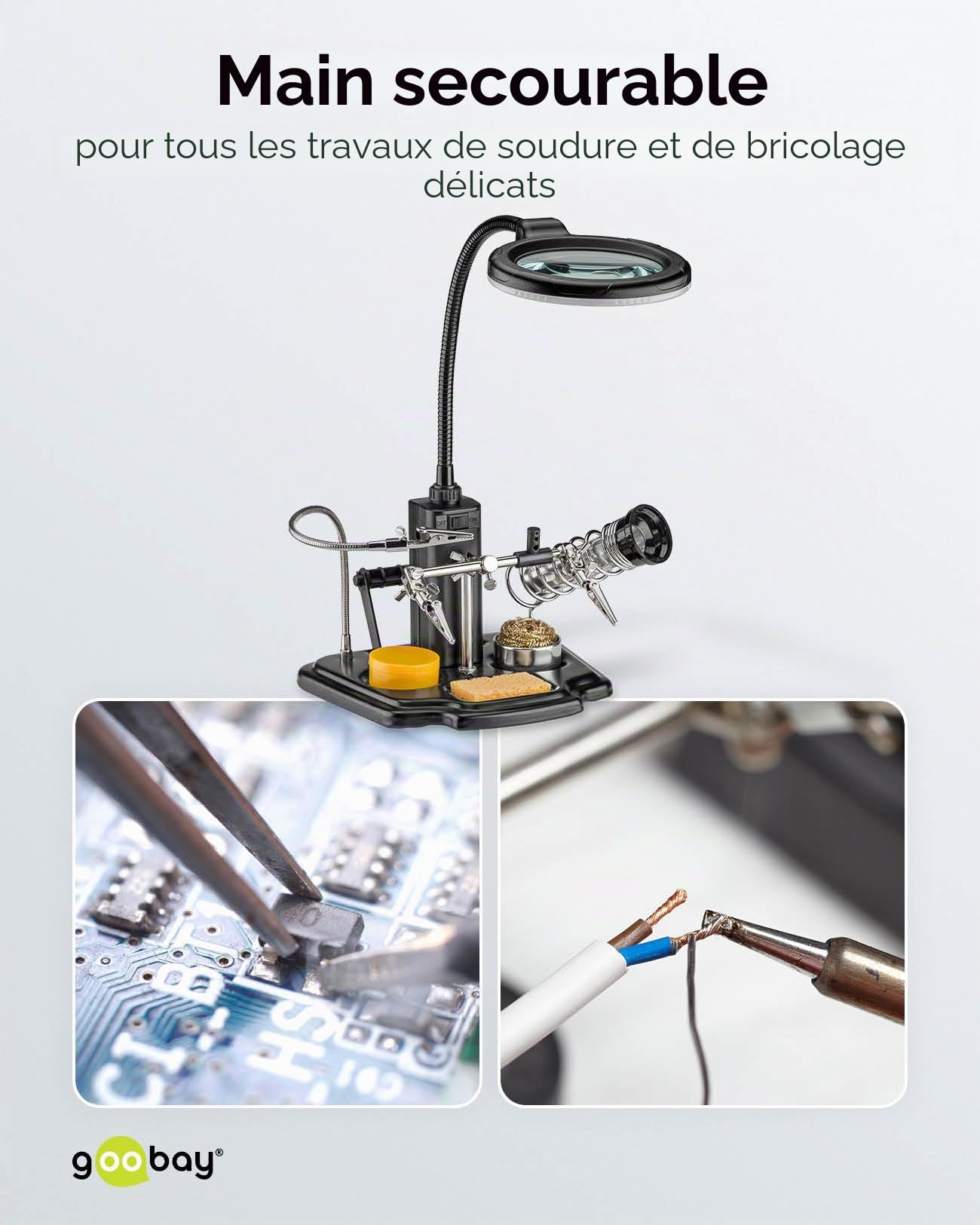 Fixpoint goobay 45241 Aide au soudage avec lampe LED/Pince crocodile col de cygne Loupe avec lampe LED/loupe grossissante 3x / support de fer à souder intégré, éponge et laine de nettoyage / 1 pièce
