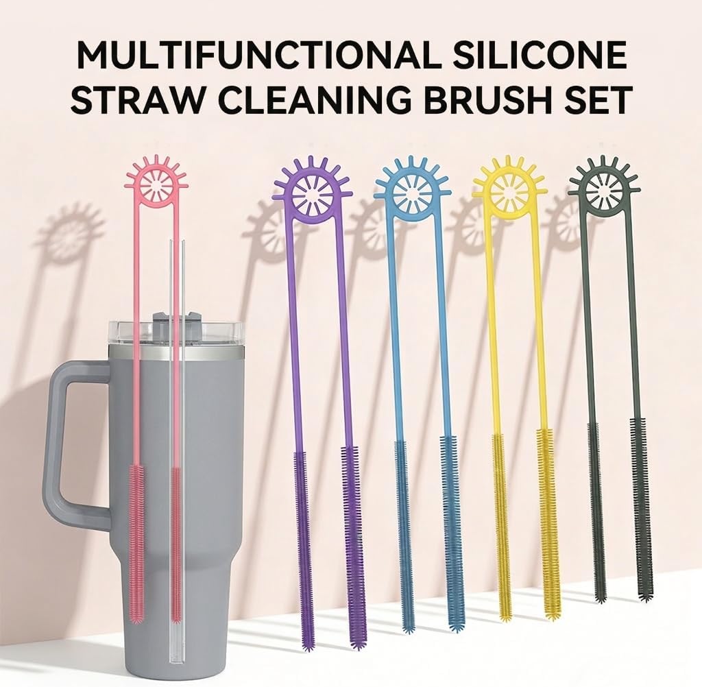 2-in-1 Dual-Ended Silicone Straw Cleaner Brush, Extra Long Reusable Straw Brush for Narrow Metal & Wide Smoothie Straws, Soft Bendable Cleaning Tool for Tumblers, 6mm + 9mm, Pink