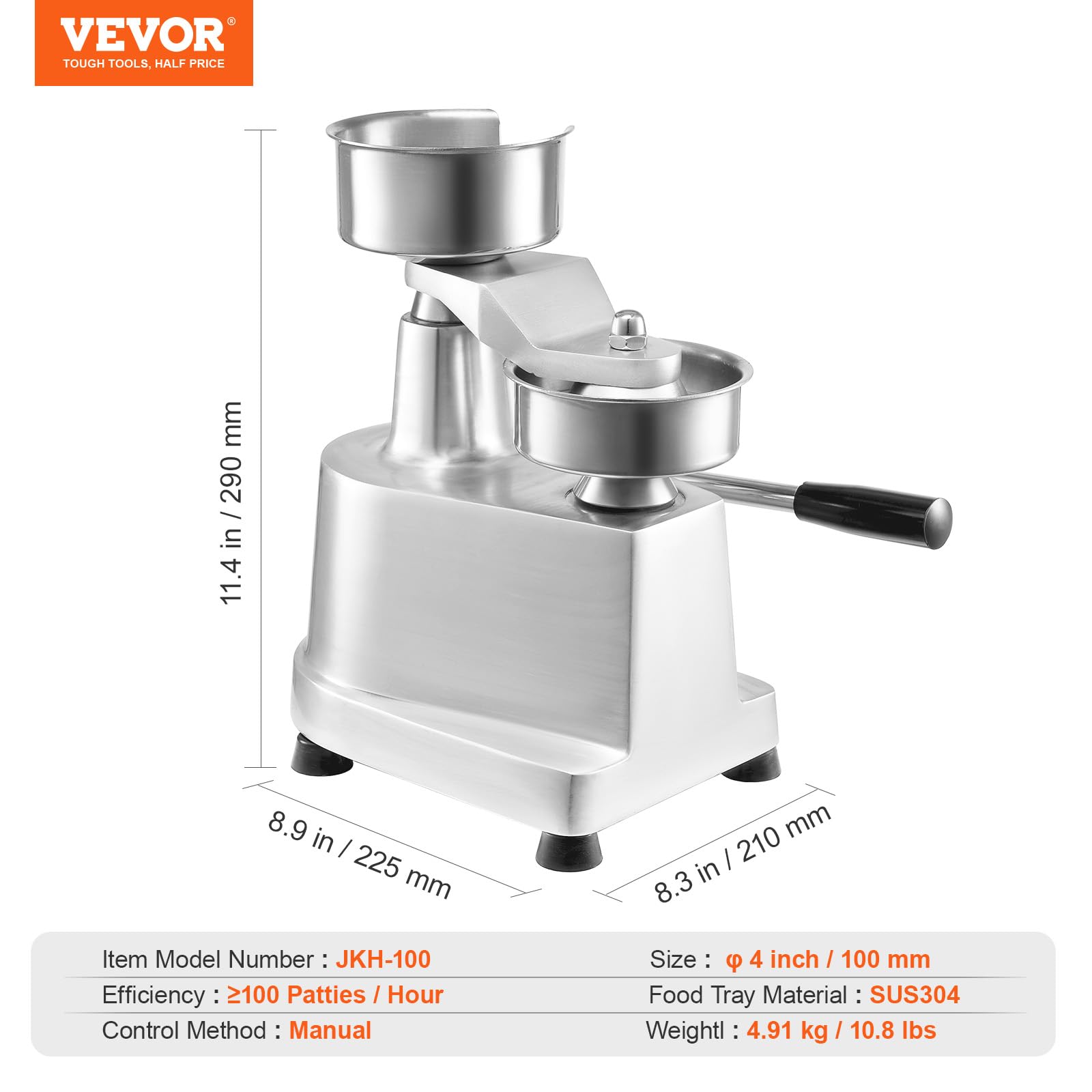 VEVOR Presse à Hamburger Commerciale 100 mm de Diamètre Machine à Burger Manuelle en Inox SUS304 Presse Steak Haché avec Poignée Ergonomique Papiers Gants pour Hamburgers Galettes Barbecue Pique-nique