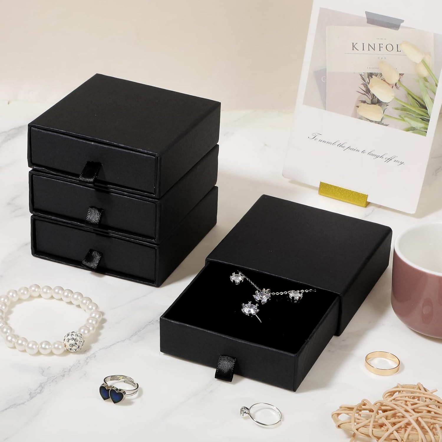 24 Pack Jewelry Gift Boxes 3.54x3.54x1.2 Inch Drawer Style Cardboard Jewelry Box with Foam Insert for Necklace Ring Bracelet Earring Display and Stora