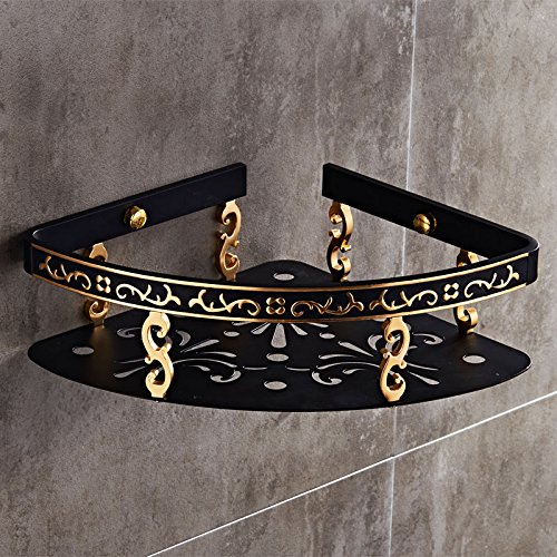 Corner Shower Caddy Bathroom Shelves Carved Aluminum Trianglar Bathroom Rack Wall Mounted Basket Handwares Bathroom Accessories Black Gold