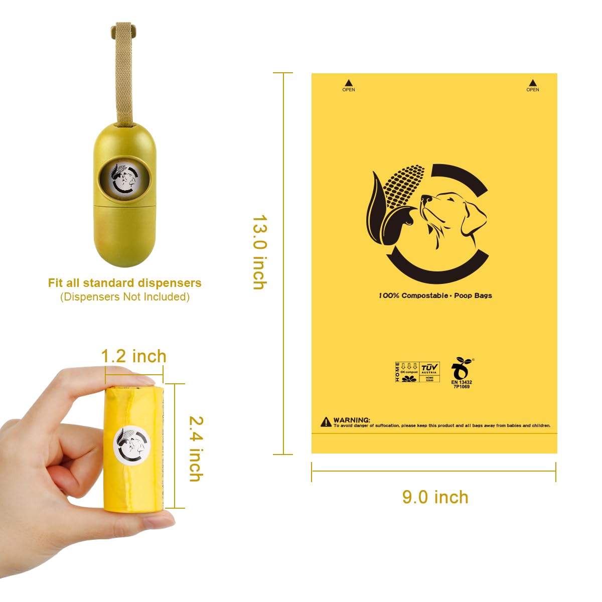 Bolsas compostables certificadas para excrementos de perro, 270 bolsas ecológicas y a prueba de fugas, bolsa de excrementos de perro 100% amarillo maíz fácil de abrir, 15 bolsas para perros por rollo